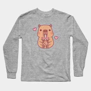 Cute Little Capybara Loves Bubble Tea Long Sleeve T-Shirt